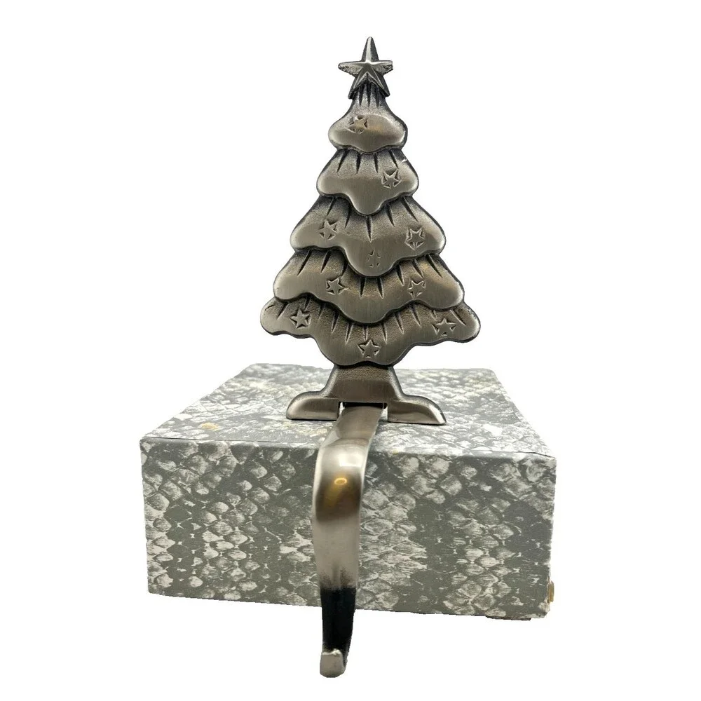 Silver Metal Christmas Tree Stocking Holder Shelf Mantle Hook Vintage Y2K 2pc